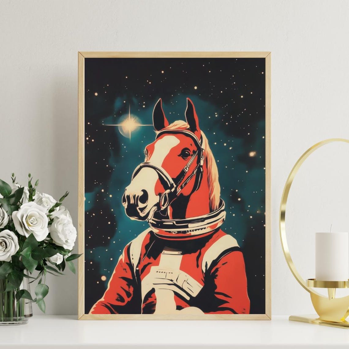 Horse Astronaut Vintage Retro Starry Space Portrait Poster Art - Image 3