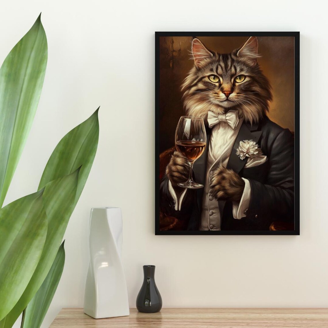 Norwegian Forest Cat In Tuxedo Holding Wine Glass Longhair Portrait Poster - Image 2