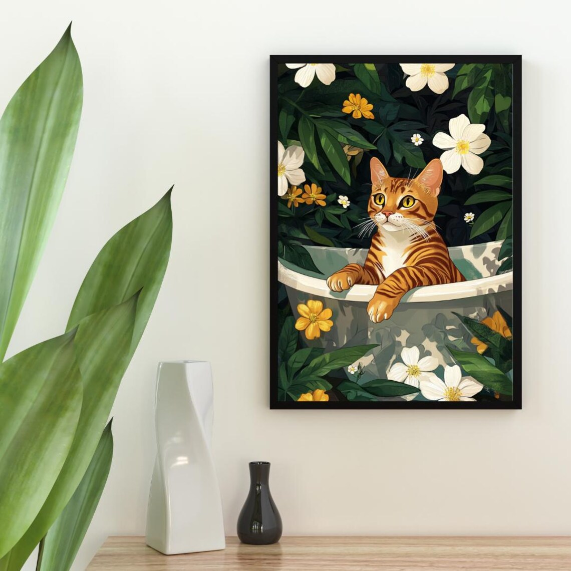 Bengal Cat in Bathtub Botanical Bathroom Poster Funny Exotic Room Decor - Image 2