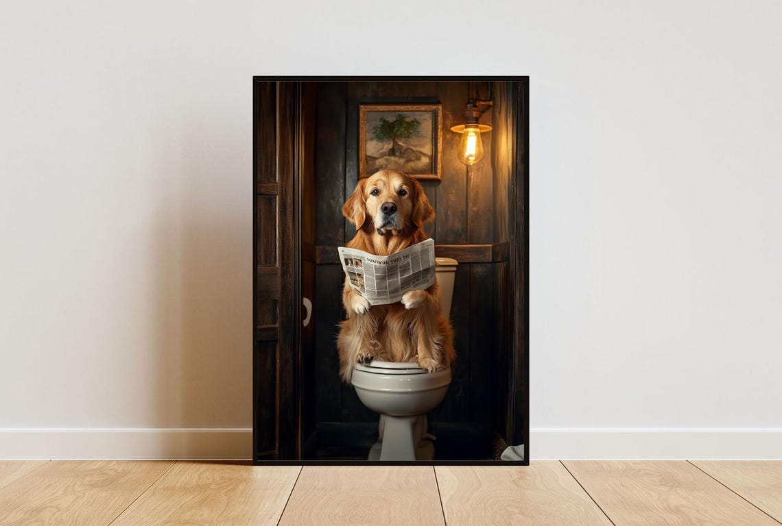 Golden Retriever On Toilet Poster Poster Golden Retriever Bathroom Print Toilet Wall Art Golden Retriever Portrait Dog Bathroom Poster