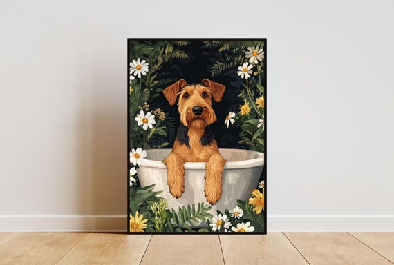 Airedale Terrier In Bathtub Poster Funny Dog Poster Airedale Terrier Bathroom Print Airedale Terrier Bath Poster Dog Bathroom Wall Art