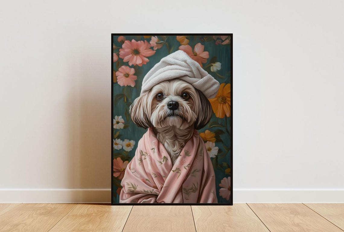 Lhasa Apso In Pink Floral Bathrobe With Towel Turban Animal Poster
