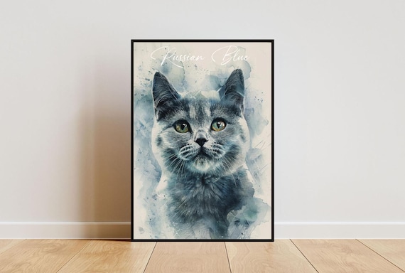 Russian Blue Cat Watercolor Portrait Elegant Fine Art Poster