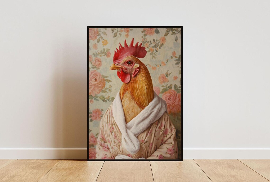Chicken In Bathrobe Floral Wallpaper Funny Farmhouse Art Poster