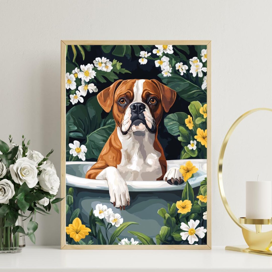 Boxer in Bathtub Funny Dog Bathroom Tropical Leaves Floral Art Poster - Image 3