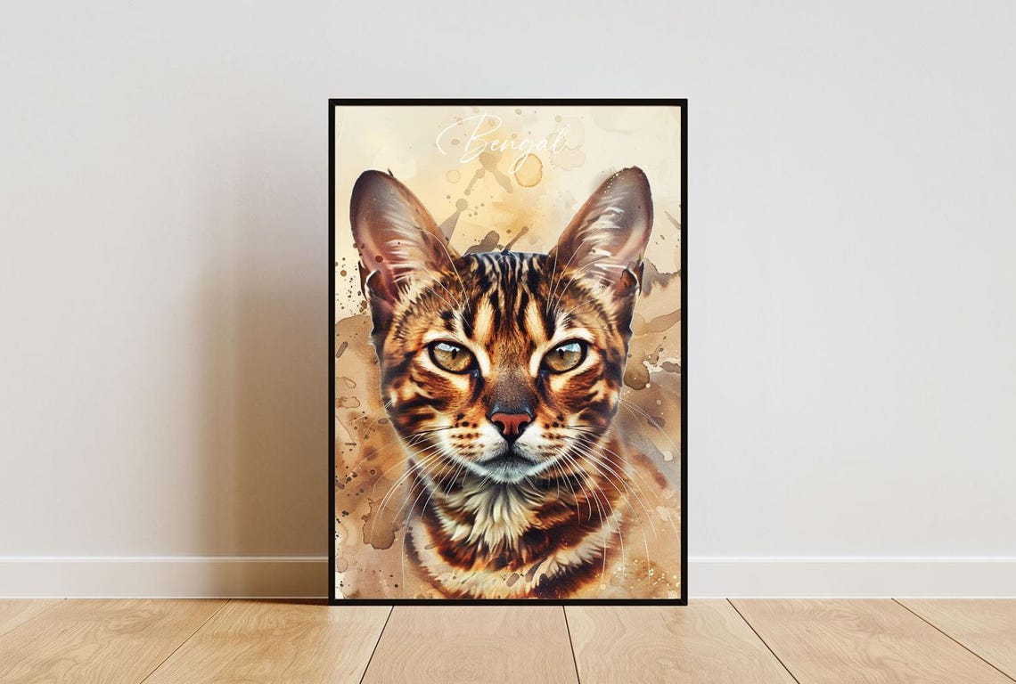 Bengal Cat Watercolor Portrait Wild Spotted Elegant Fine Art Poster
