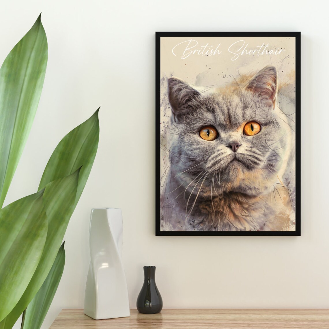 British Shorthair Cat Watercolor Portrait Golden Eyes Poster - Image 2