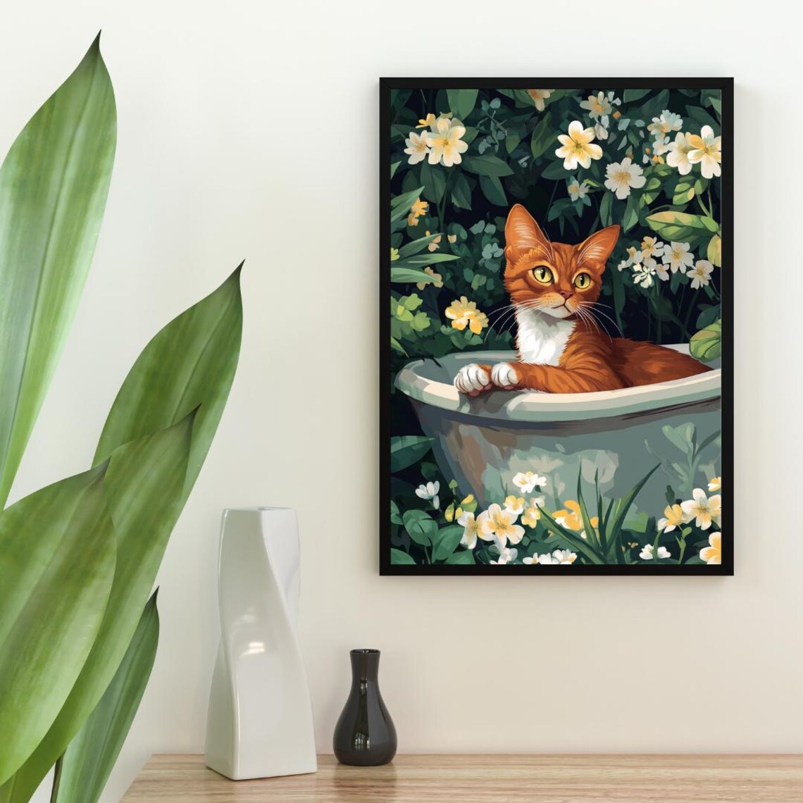 Abyssinian Cat in Bathtub Botanical Bathroom Poster Funny Elegant Decor - Image 2