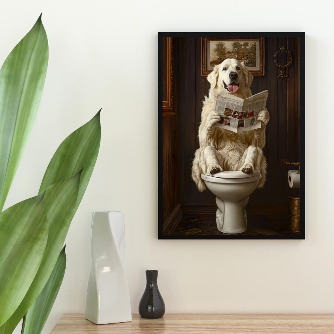 Great Pyrenees On Toilet Reading Newspaper Funny Bathroom Poster - Image 2