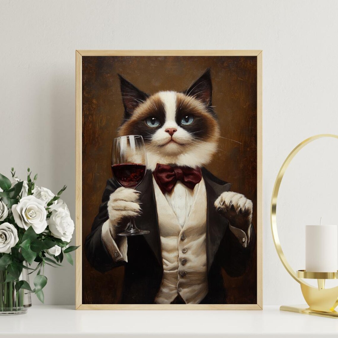 Ragdoll Cat In Tuxedo Holding Red Wine With Red Bow Tie Portrait Poster - Image 3