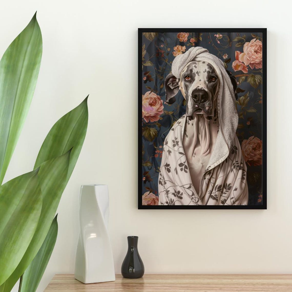 Spotted Great Dane Dog in Bathrobe Fun Bathroom Spa Day Art Poster - Image 2