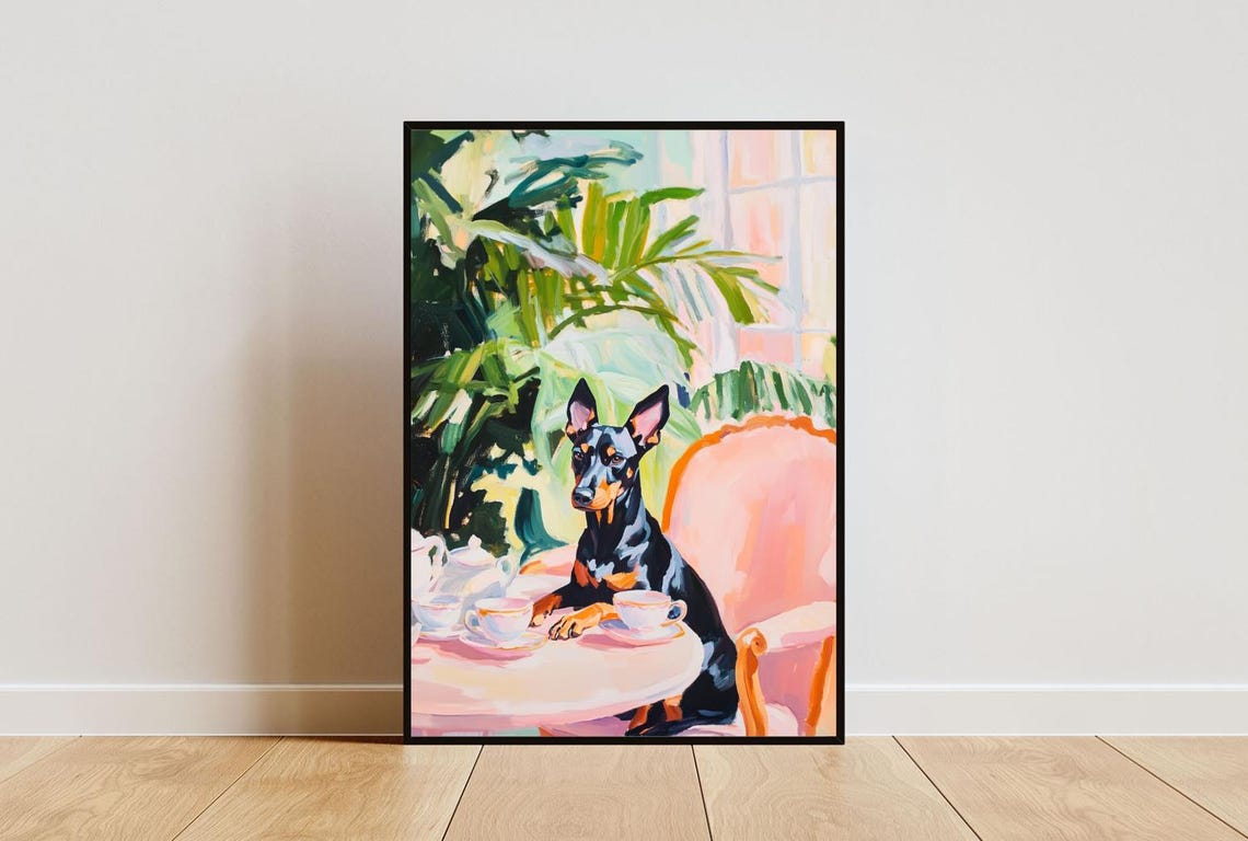 Doberman Pinscher Dog Garden Tea Party Pastel Painting Poster