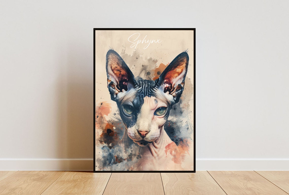 Sphynx Cat Watercolor Portrait Hairless Elegant Fine Art Poster