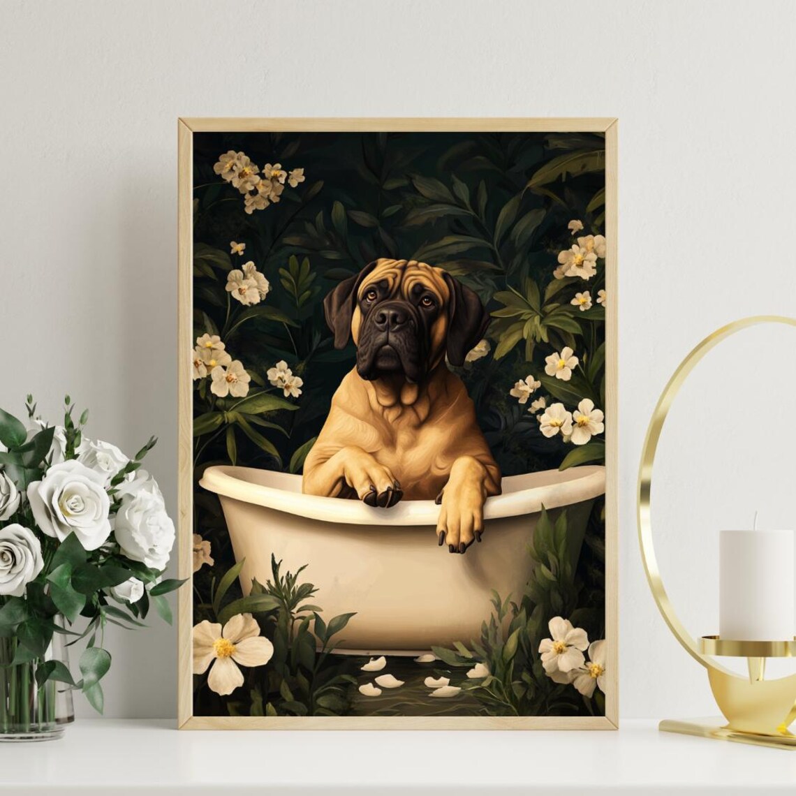 Mastiff in Bathtub Funny Dog Bathroom Botanical Floral Art Poster - Image 3
