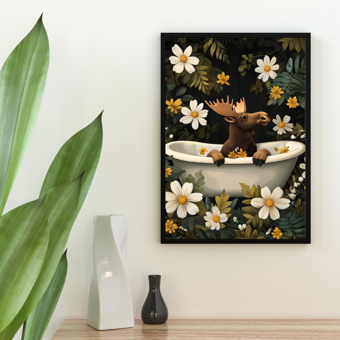 Moose Bathtub Daisy Botanical Dark Art Funny Animal Vintage Poster - Image 2