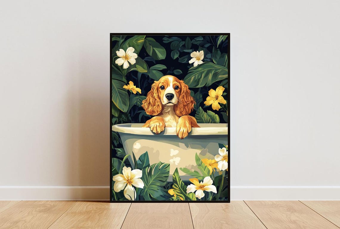 Cocker Spaniel in Bathtub Golden Puppy Bathroom Floral Art Poster