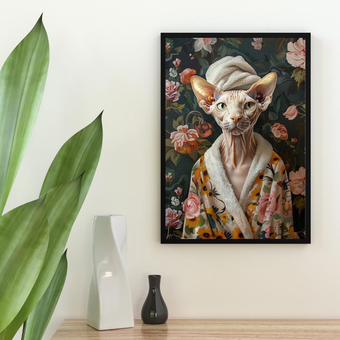 Sphynx In Bathrobe Spa Day Portrait Funny Hairless Cat Wall Poster - Image 2