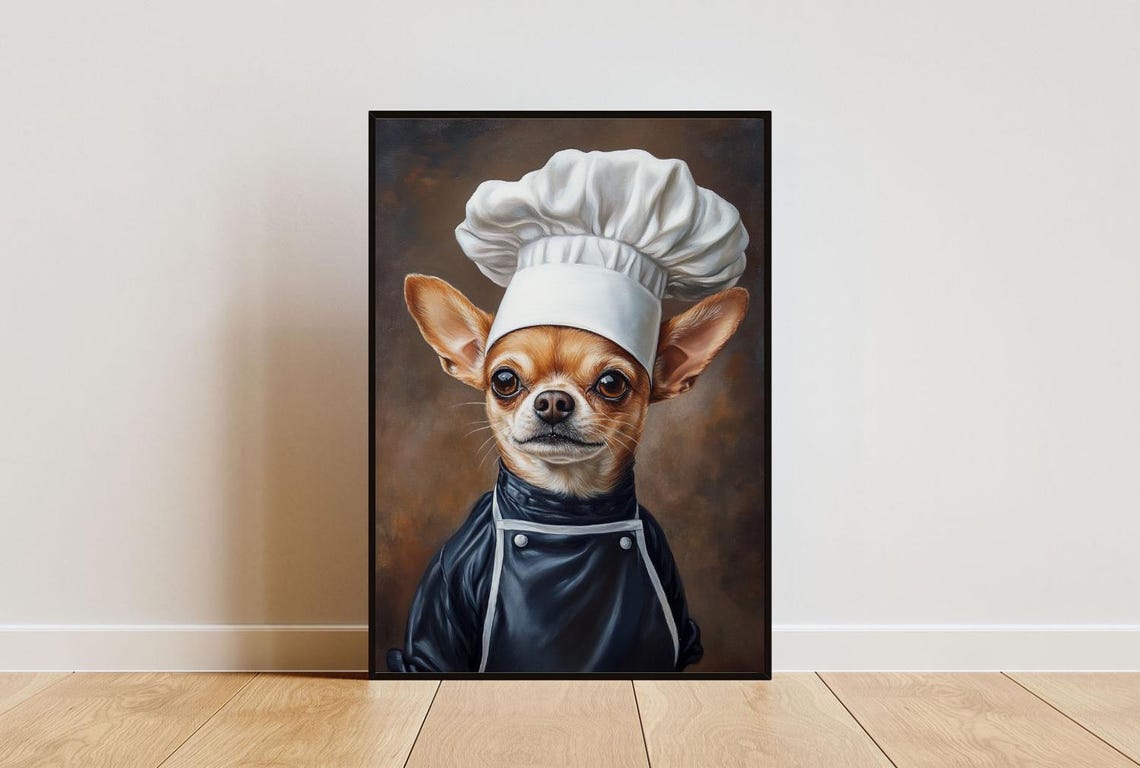 Chihuahua Chef Dog Portrait Poster Funny Tiny Cook Kitchen Decor Gift