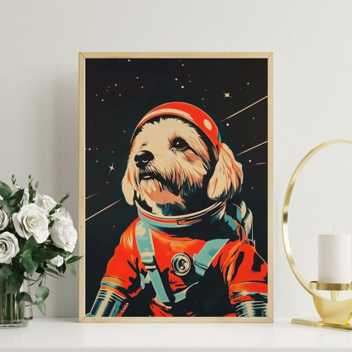 Maltese Astronaut Retro Orange Space Suit Stars Tiny Pup Portrait Poster - Image 3