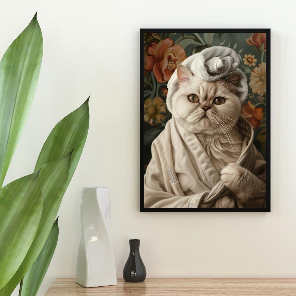 Exotic Shorthair Cat in Bathrobe Fun Bathroom Spa Art Poster - Image 2