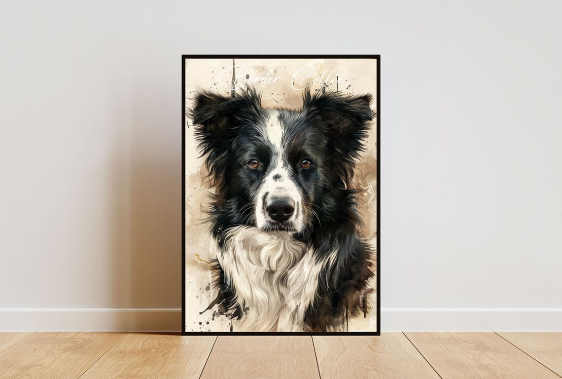 Border Collie Watercolor Portrait Black White Dog Art Poster
