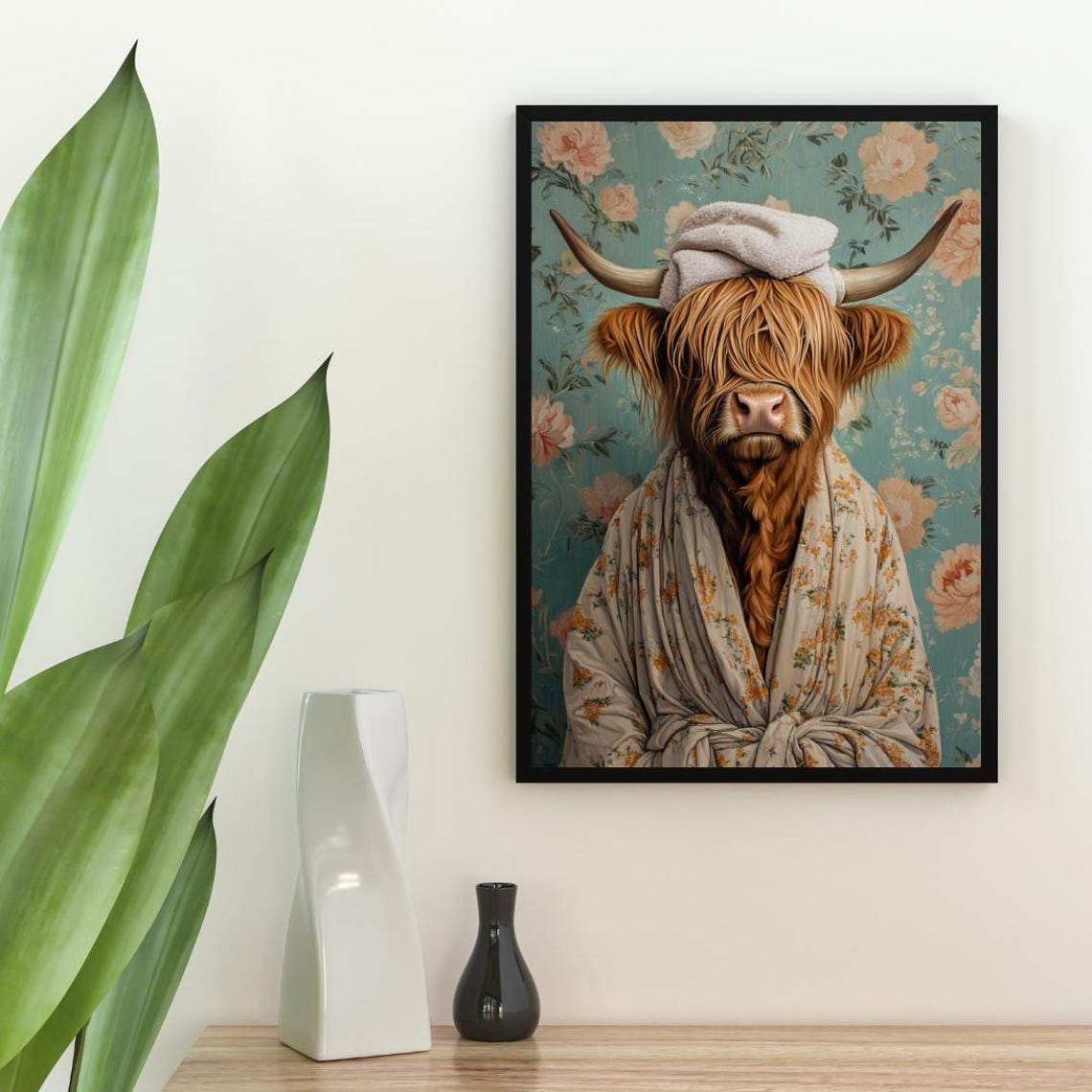 Highland Cow In Bathrobe Poster Animal Poster Highland Cow Bathroom Print Animal Wall Art Scottish Cow Portrait Animal Bathroom Poster - Image 2