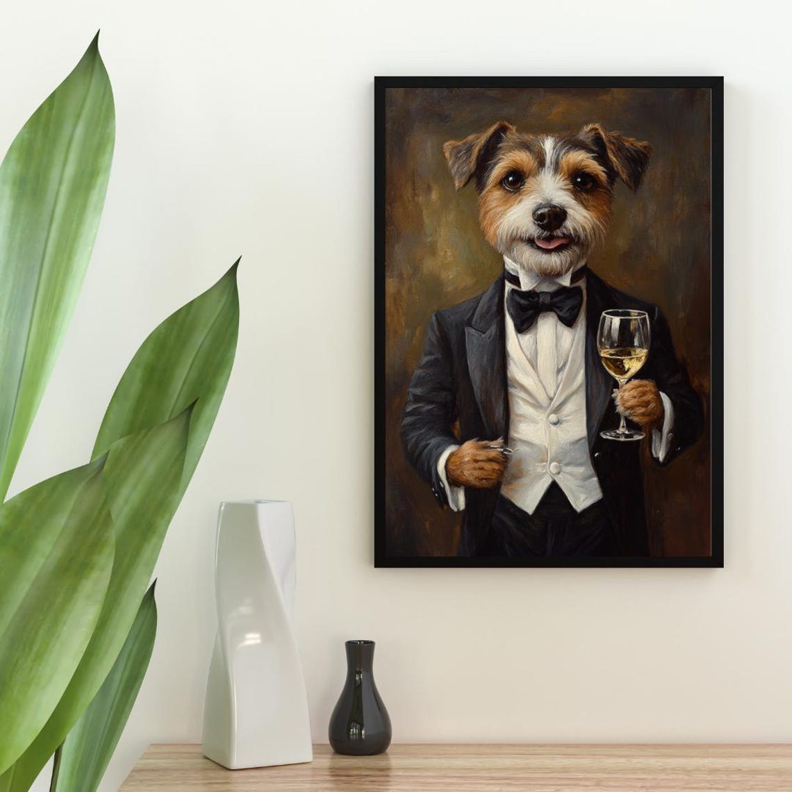 Russell Terrier In Tuxedo Holding White Wine Glass Dog Portrait Poster - Image 2