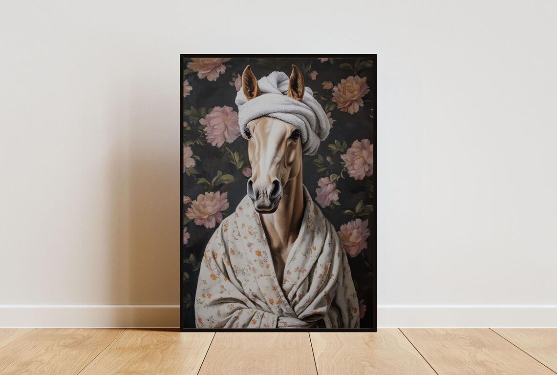 Horse In Bathrobe Poster, Funny Bathroom Animal Print