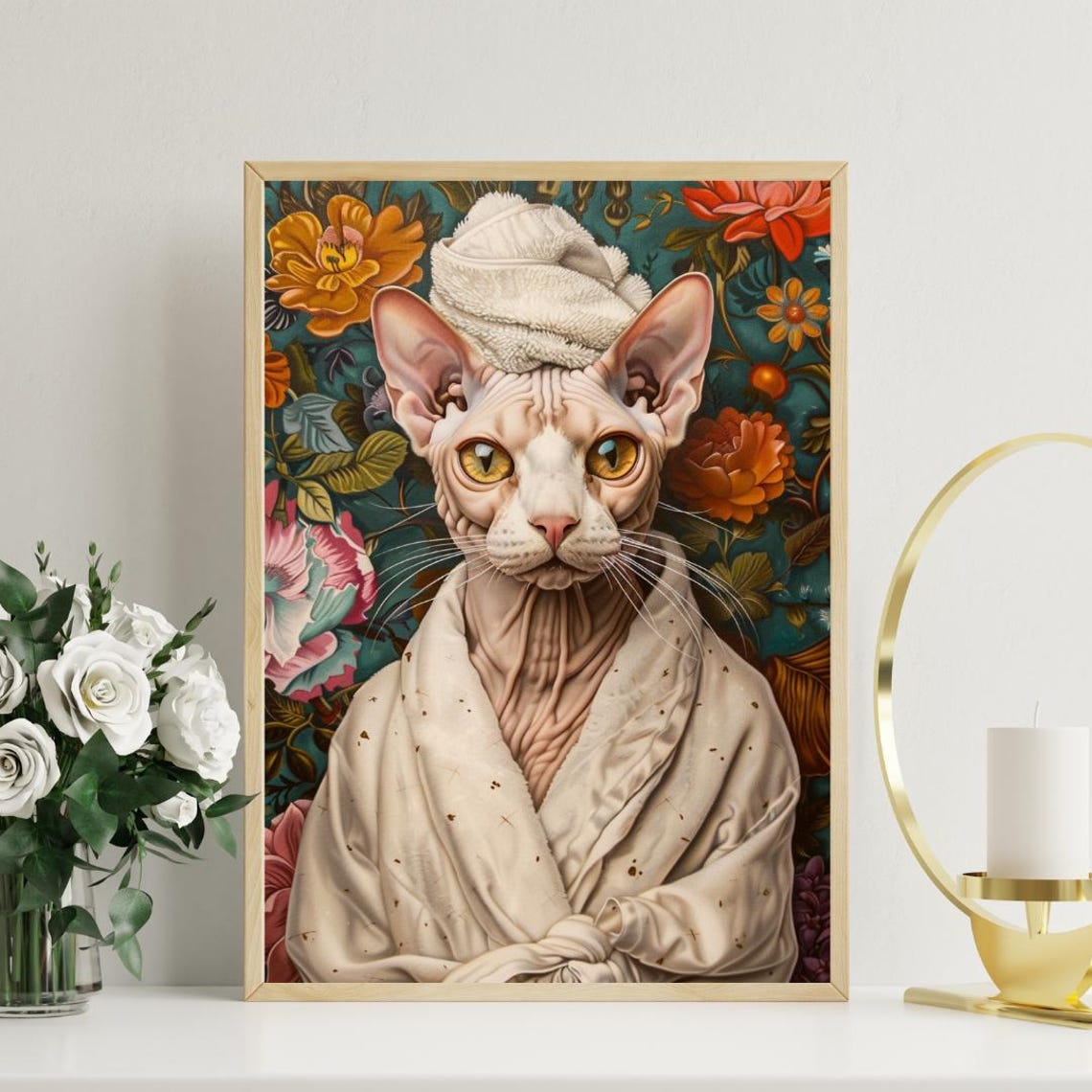 Adorable Hairless Cat in White Bathrobe Spa Day Bathroom Poster - Image 3
