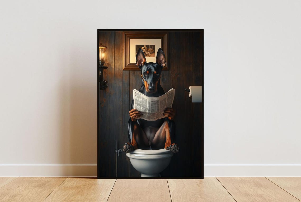 Doberman Pinscher On Toilet Reading Newspaper Funny Bathroom Poster
