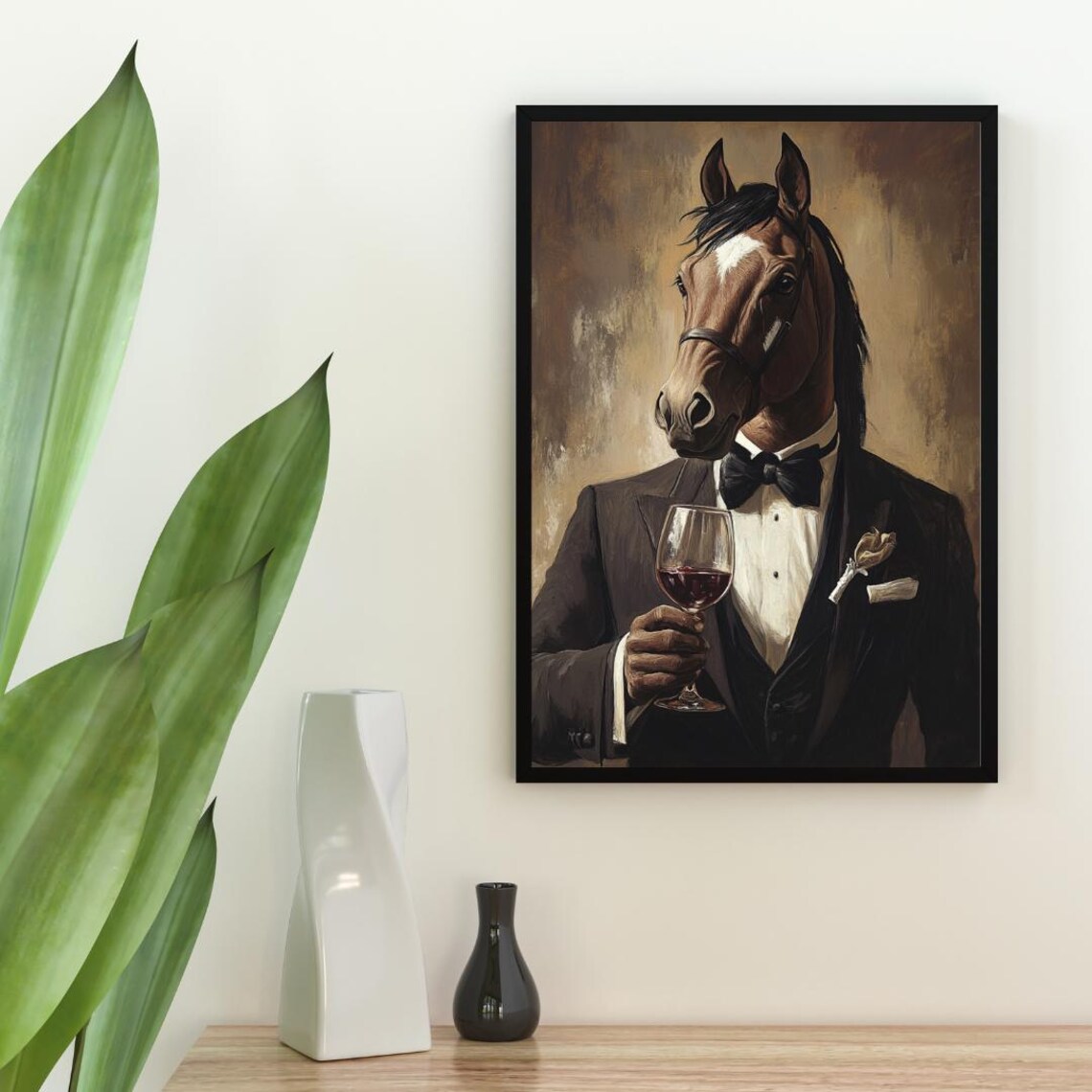Horse In Tuxedo Holding Red Wine Glass Elegant Oil Painting Poster - Image 2
