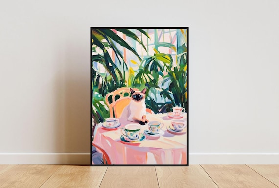 Siamese Cat Tea Party Oil Painting Colorful Vintage Style Poster