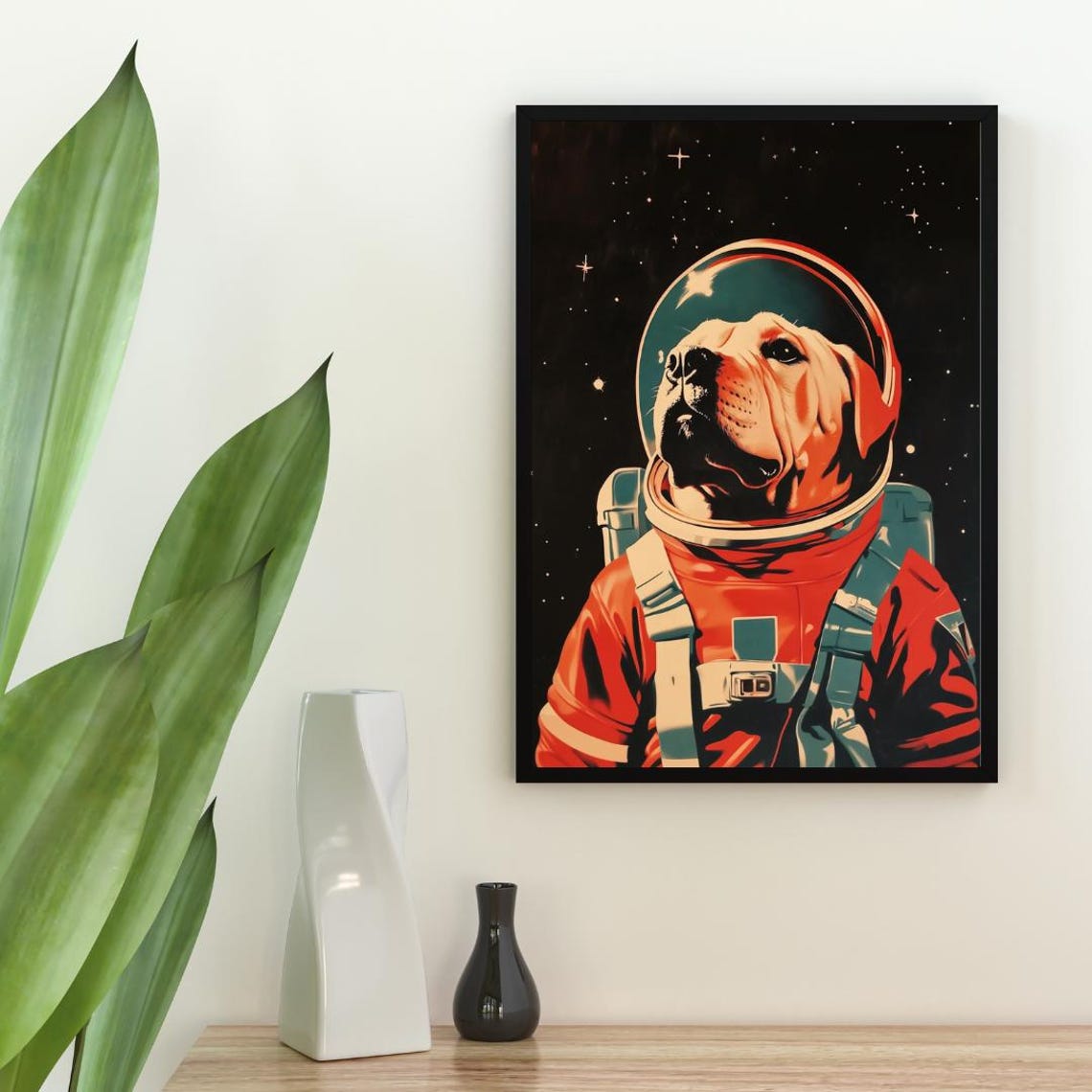 Bulldog Astronaut Starry Night Vintage Retro Space Portrait Poster - Image 2
