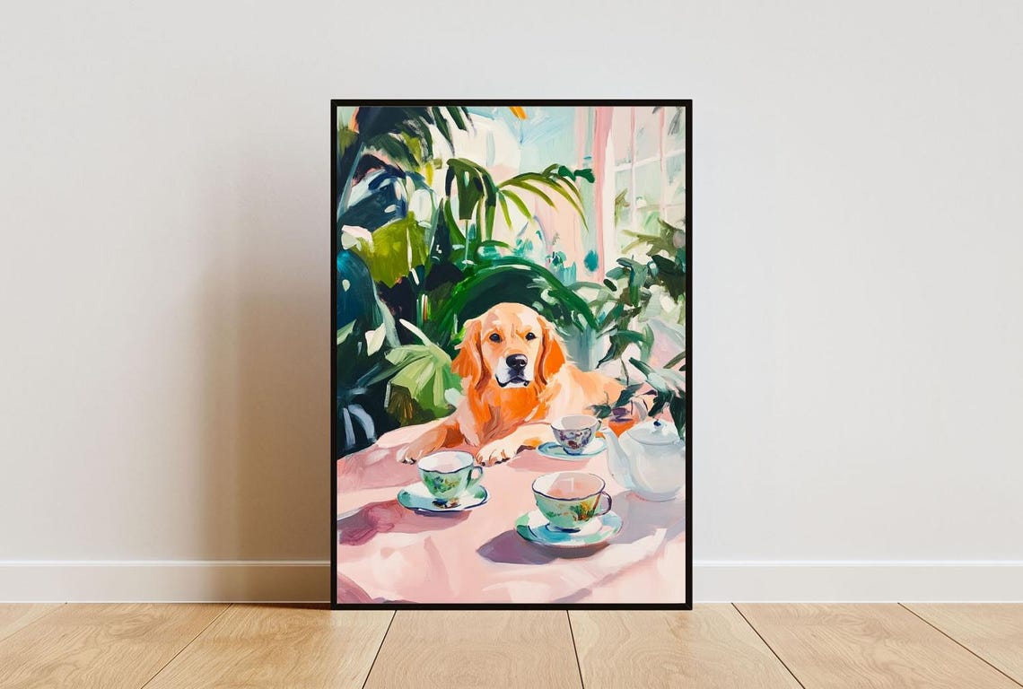 Retro Golden Retriever Poster Golden Retriever Oil Painting Vintage Golden Retriever Poster Dog Dining Room Wall Art Retro Dog Poster