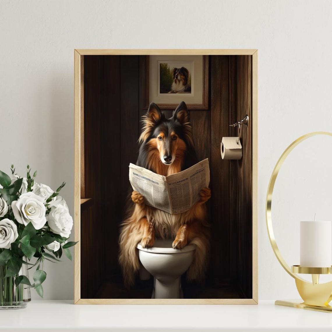 Funny Collie Dog on Toilet Reading Newspaper Bathroom Art Poster - Image 3