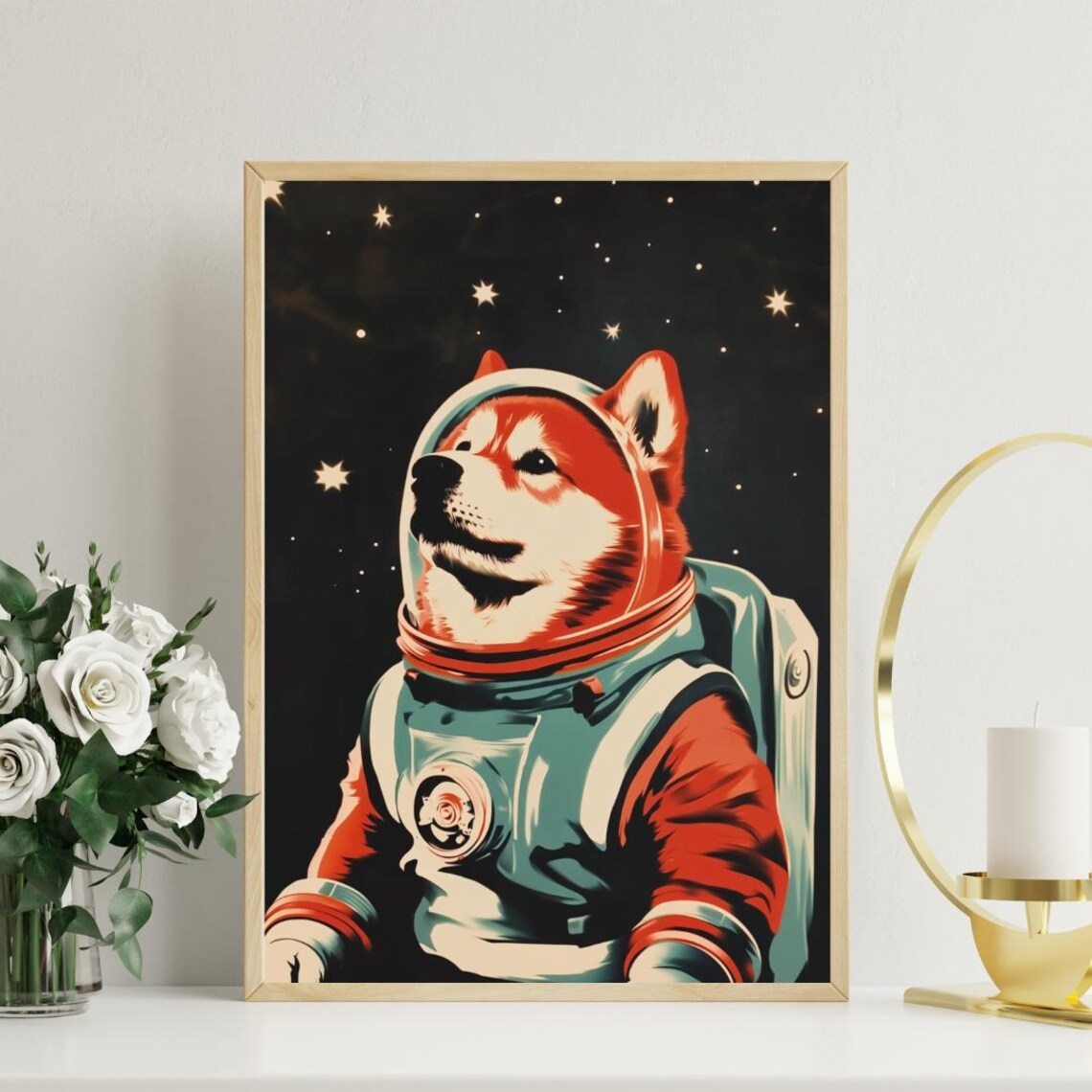 Shiba Inu Astronaut Retro Space Suit Stars Vintage Portrait Poster - Image 3