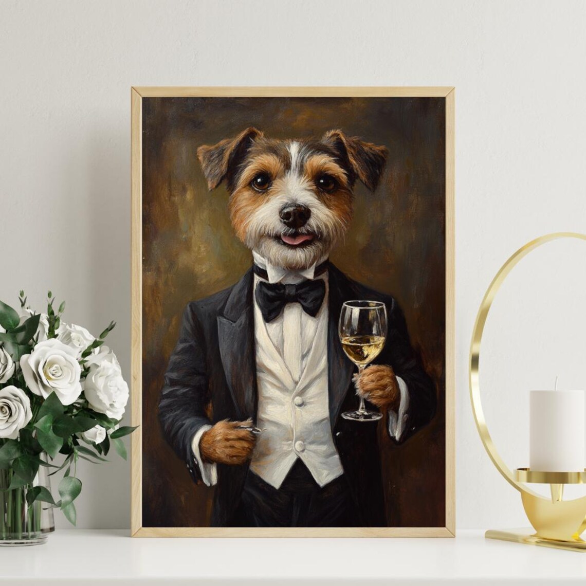 Russell Terrier In Tuxedo Holding White Wine Glass Dog Portrait Poster - Image 3