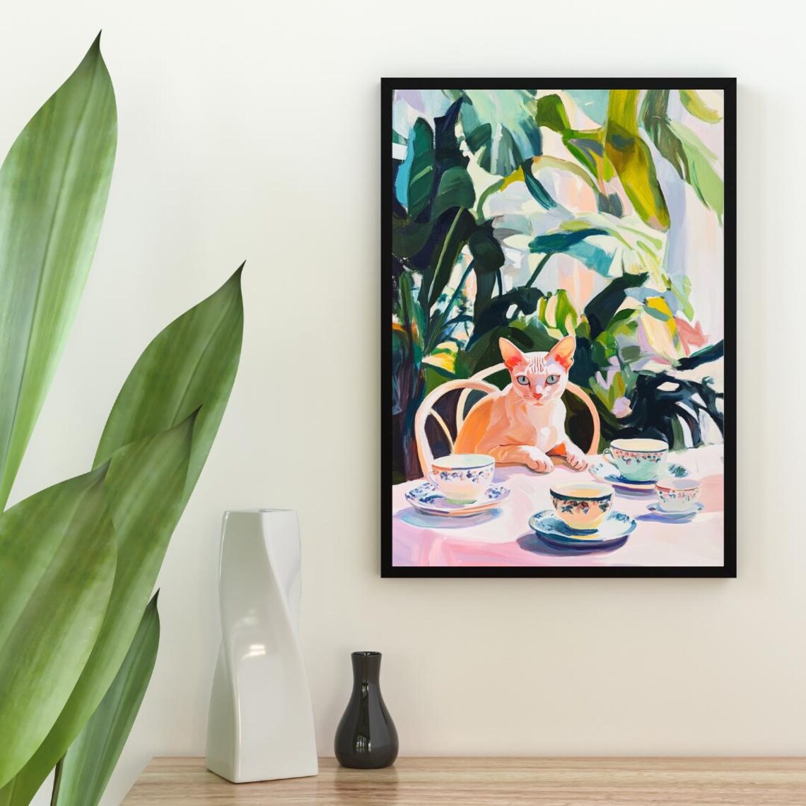 Hairless Cat at Tea Table Whimsical Pet Painting Portrait Poster - Image 2