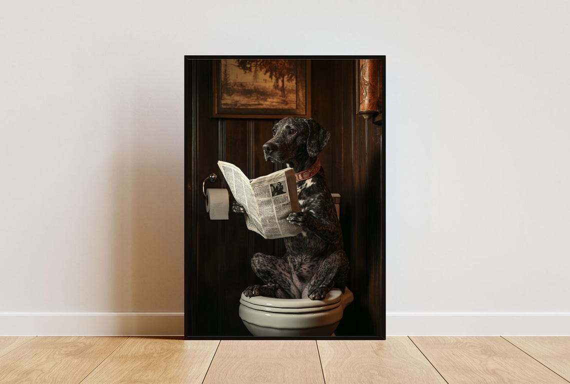 German Shorthaired Pointer On Toilet Reading Newspaper Bathroom Poster