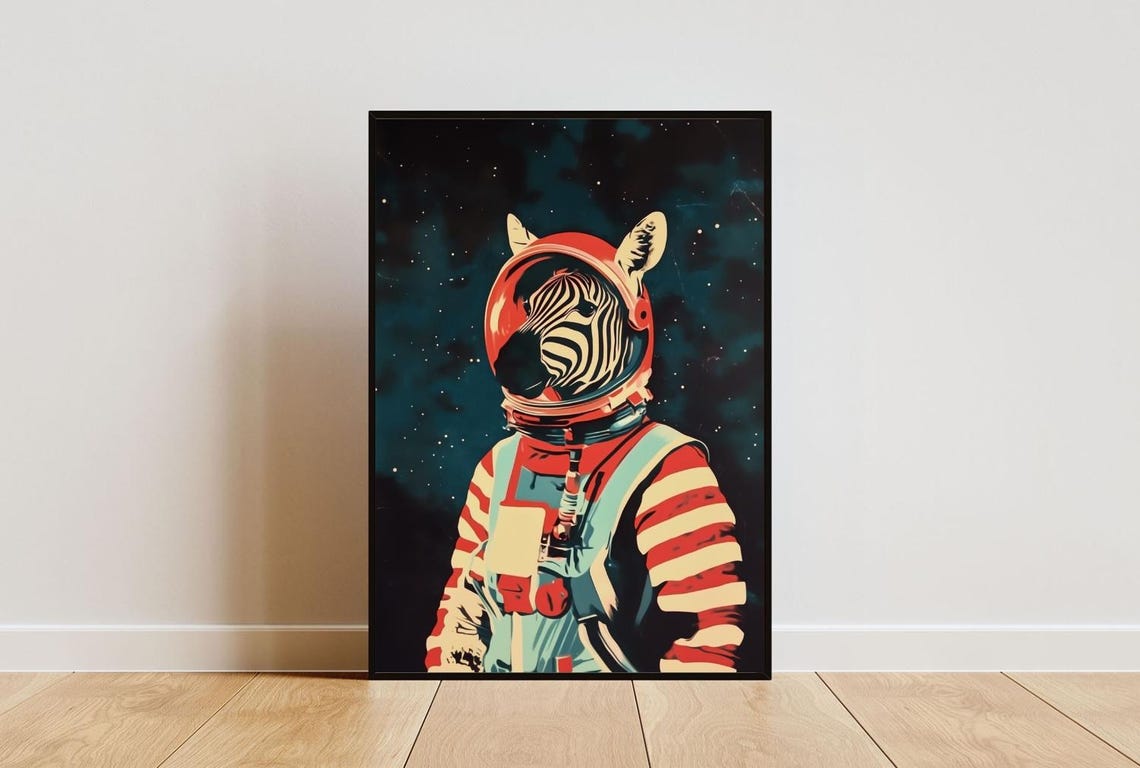 Zebra Astronaut Vintage Retro Starry Galaxy Space Portrait Poster