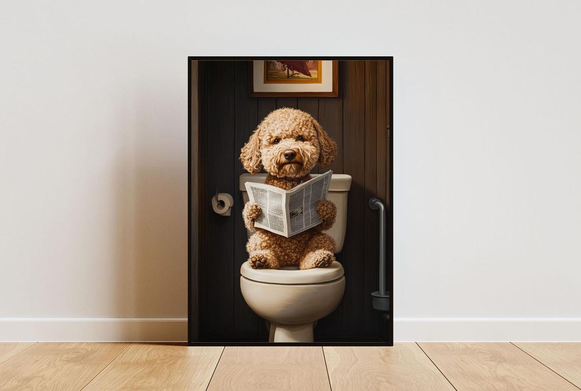 Lagotto Romagnolo on a Toilet Reading a Newspaper in a Bathroom Poster