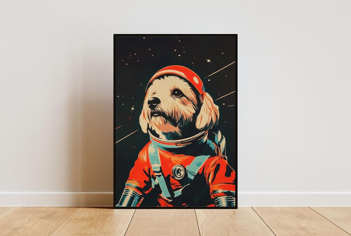 Maltese Astronaut Retro Orange Space Suit Stars Tiny Pup Portrait Poster
