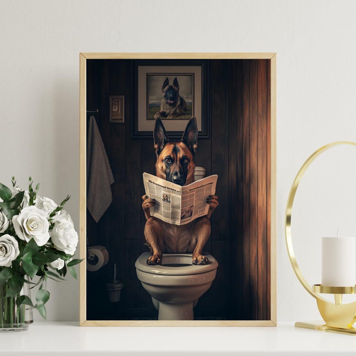Belgian Malinois Dog Reading Newspaper On Toilet Funny Bathroom Poster - Image 3