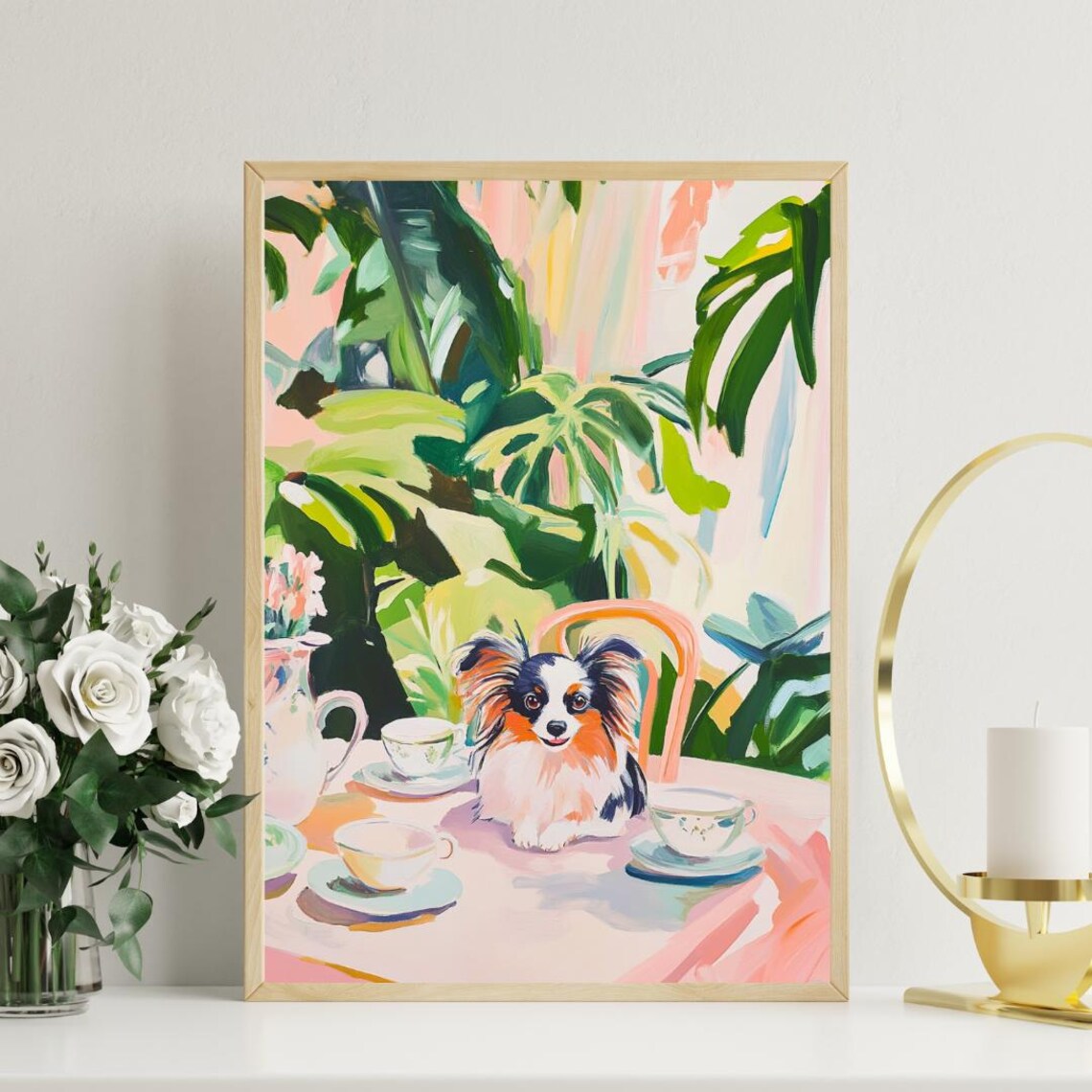 Papillon Dog Garden Tea Party Pastel Oil Painting Style Poster - Image 3