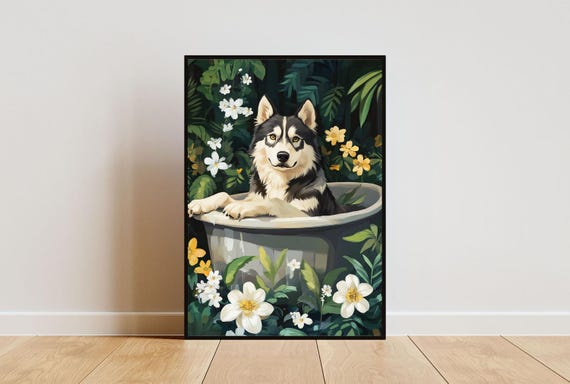 Alaskan Malamute In Bathtub Poster Funny Dog Poster Alaskan Malamute Bathroom Print Husky Bath Poster Pet Poster Dog Bathroom Wall Art