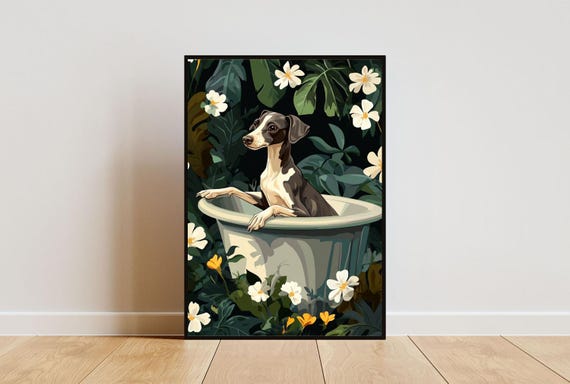 Whippet In Bathtub Poster Funny Dog Poster Whippet Bathroom Print Whippet Bath Poster Pet Poster Dog Bathroom Wall Art Funny Dog Print
