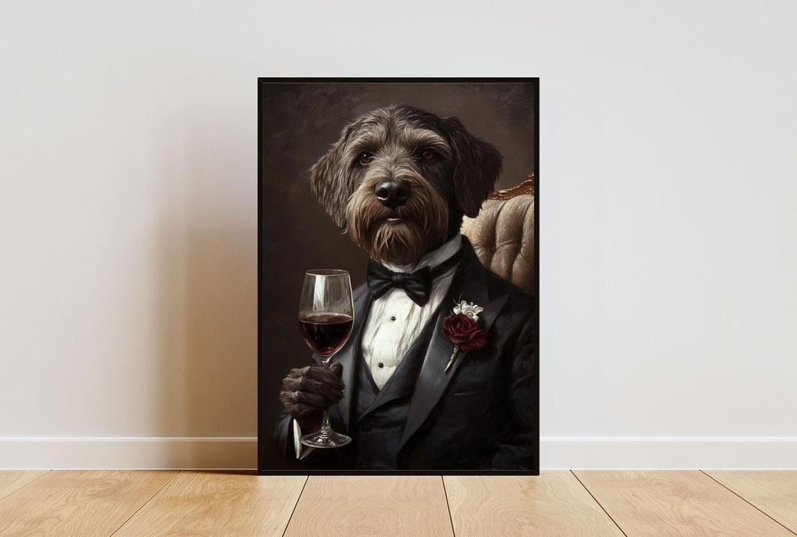 Wirehaired Pointing Griffon In Tuxedo Holding Red Wine Portrait Poster