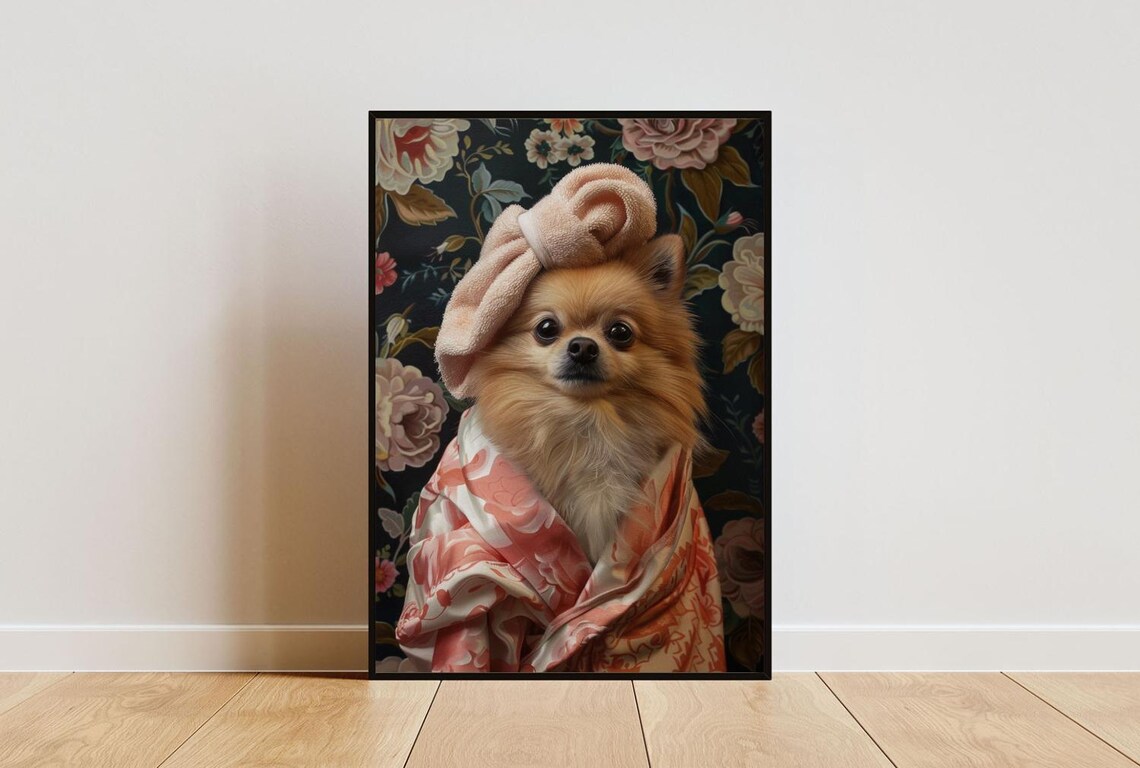 Pomeranian In Bathrobe Poster Dog Poster Pomeranian Bathroom Print Dog Wall Art Pomeranian Portrait Pet Poster Dog Bathroom Poster