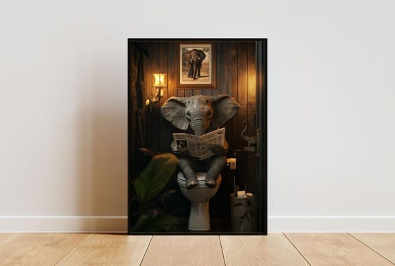 Elephant On Toilet Poster Animal Poster Elephant Bathroom Print Toilet Wall Art Elephant Portrait Animal Bathroom Poster Elephant