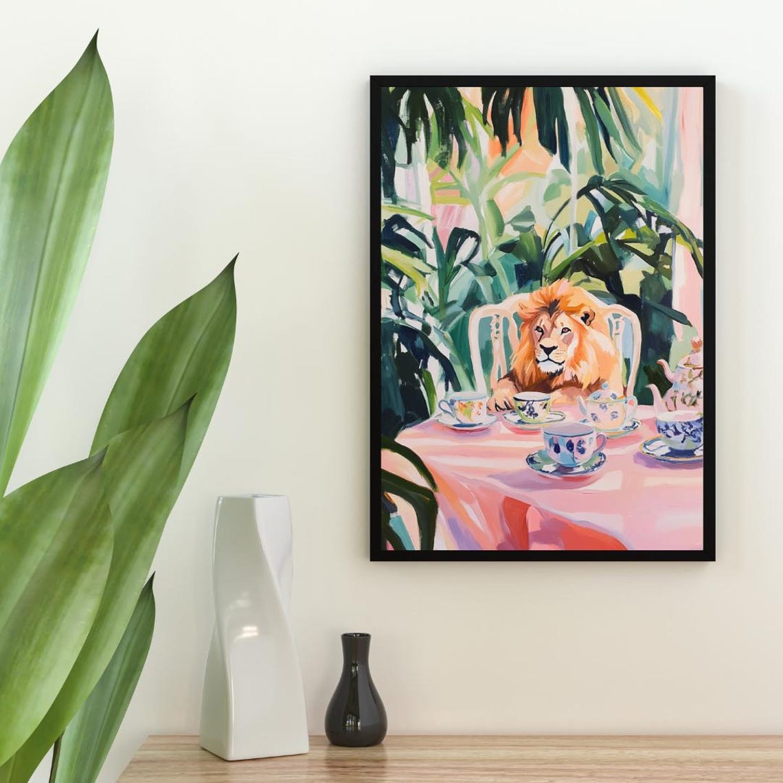 Lion at Tea Table Whimsical Wild Cat Painting Portrait Poster - Image 2